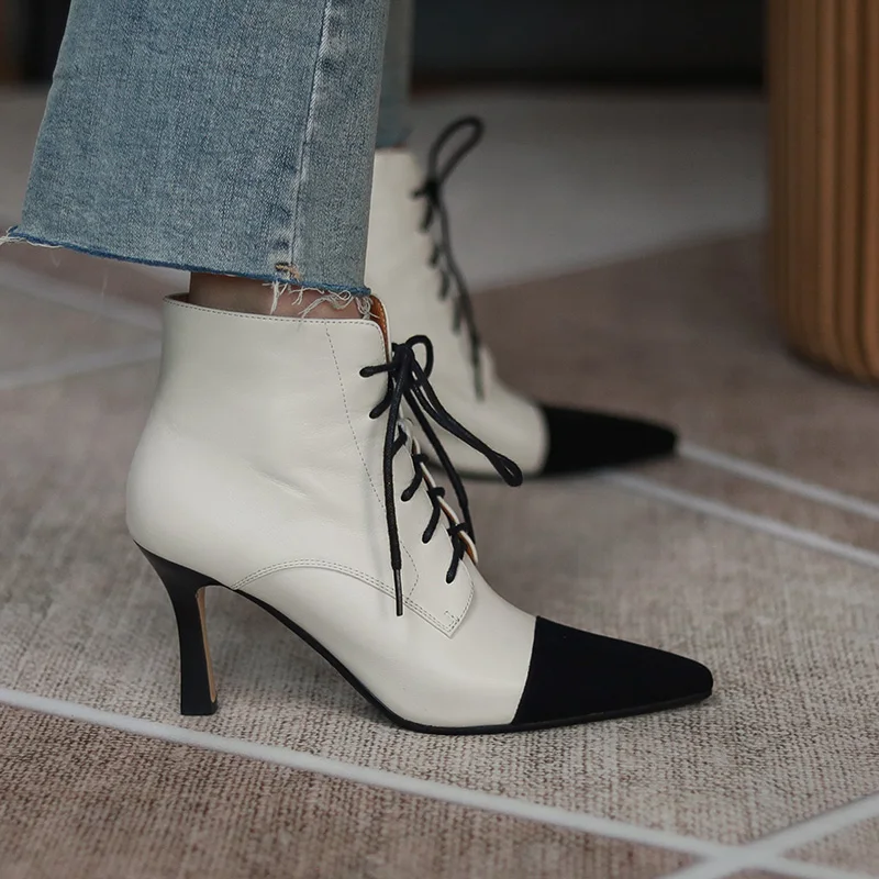 Women's genuine leather mix color patchwotk lace-up autumn ankle boots thin high heel pointed toe elegant ladies heels shoes hot
Women's genuine leather mix color patchwotk lace-up autumn ankle boots thin high heel pointed toe elegant ladies heels shoes hot