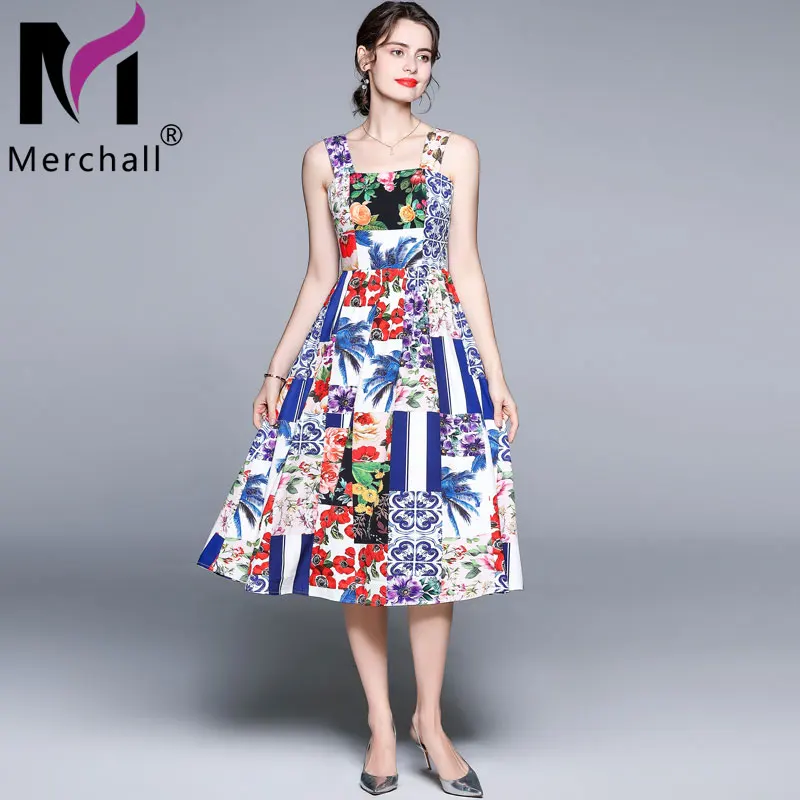 

Merchall Runway Fashion Summer Vacation Retro Spaghetti Strap Midi Dress Woman Sleeveless Backless Floral Print Dresses M77019