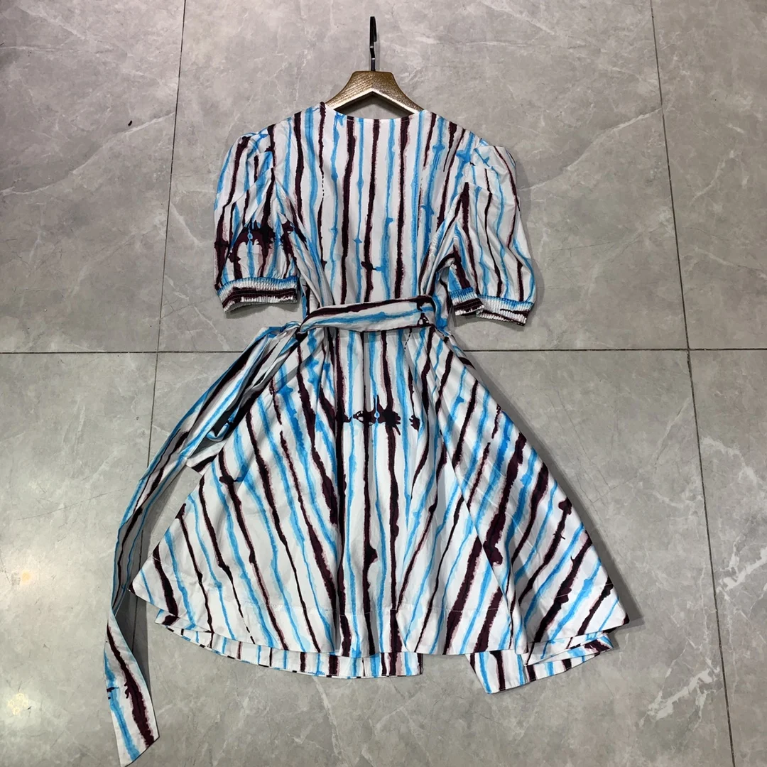 Women's V-neck Short Sleeve Casual Strip Print Cotton Wraped Dress Lady Festa Vestidos
Women's V-neck Short Sleeve Casual Strip Print Cotton Wraped Dress Lady Festa Vestidos