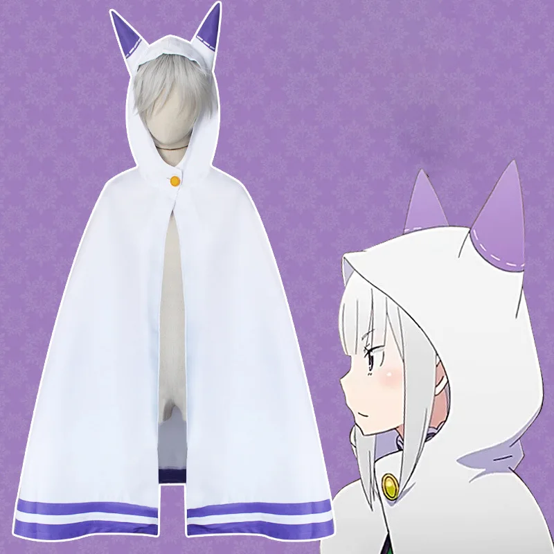 

Anime Cosplay Re:Life In A Different World From Zero Emilia Cosplay Costumes White Cloak with Fox Ears Women Outfit Lolita Dress