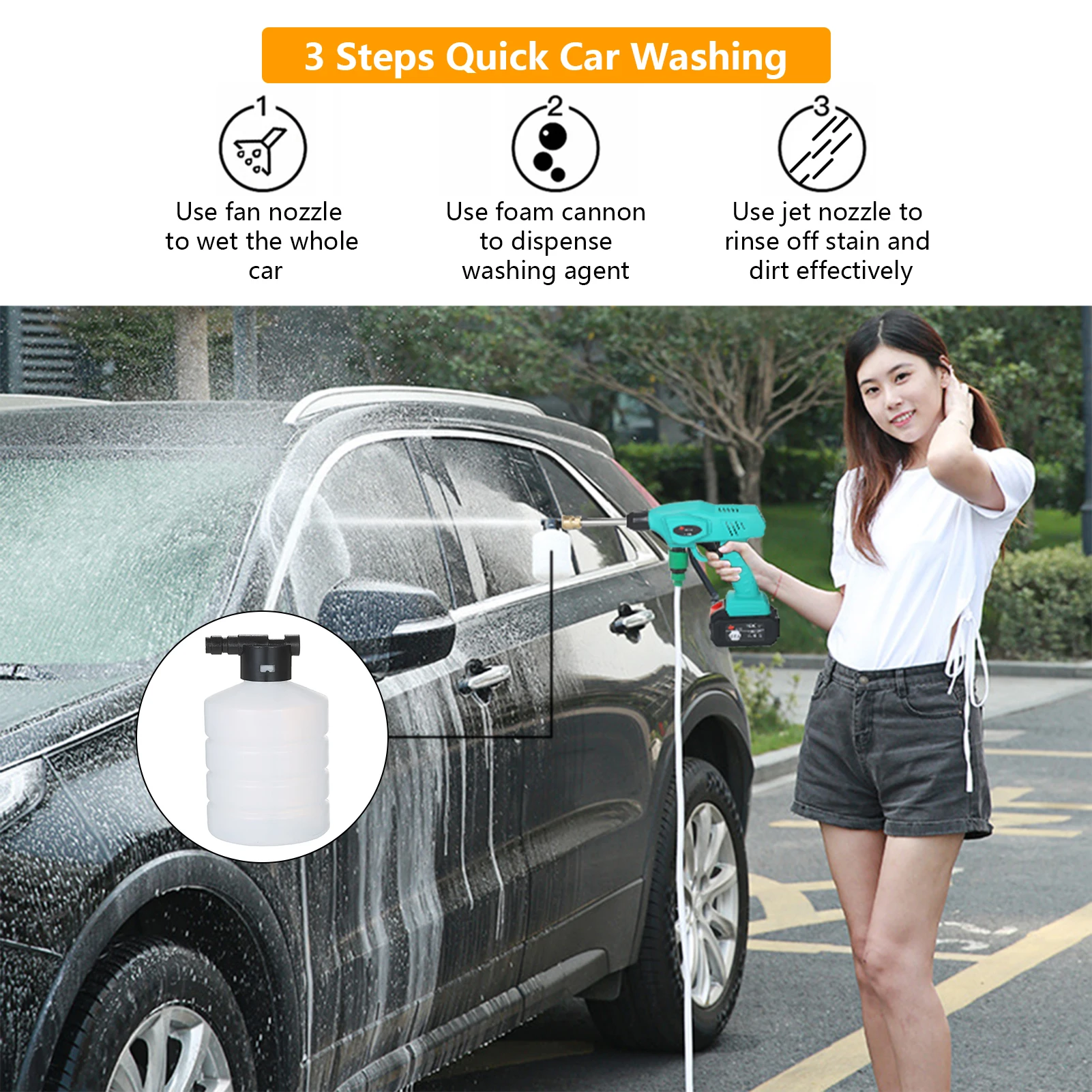 240W Portable Power Washer Car Cordless Pressure Washer with Adjustable Nozzles 5m Hose Foam Cannon 15000mAh Battery for Cars
240W Portable Power Washer Car Cordless Pressure Washer with Adjustable Nozzles 5m Hose Foam Cannon 15000mAh Battery for Cars