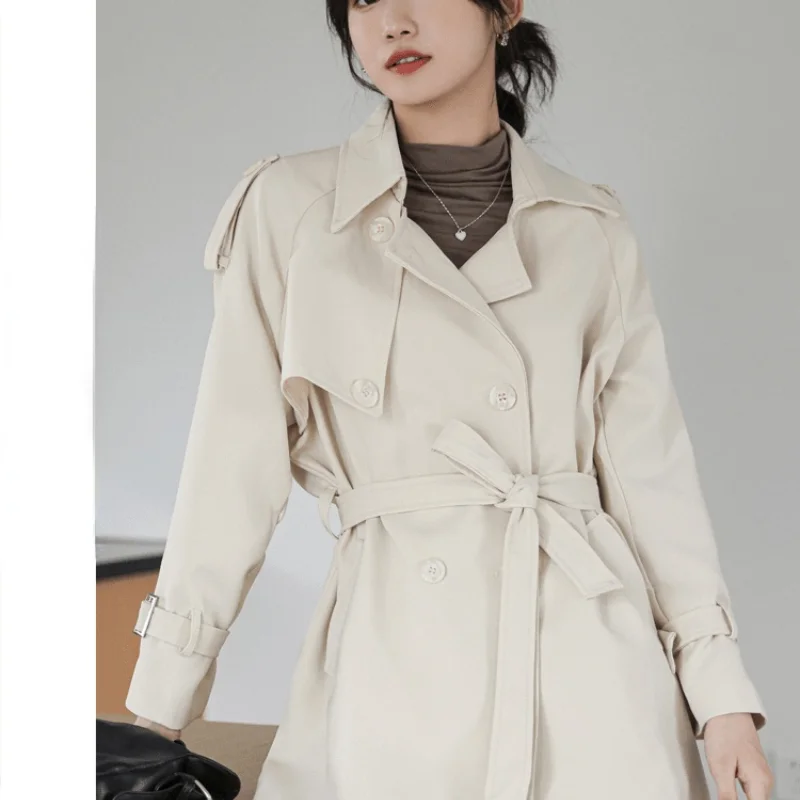 

Small Short Windbreaker Jacket Female Autumn Section 2021new Apricot Waist Thiner Slim Temperament Korean Design Mid-length Coat