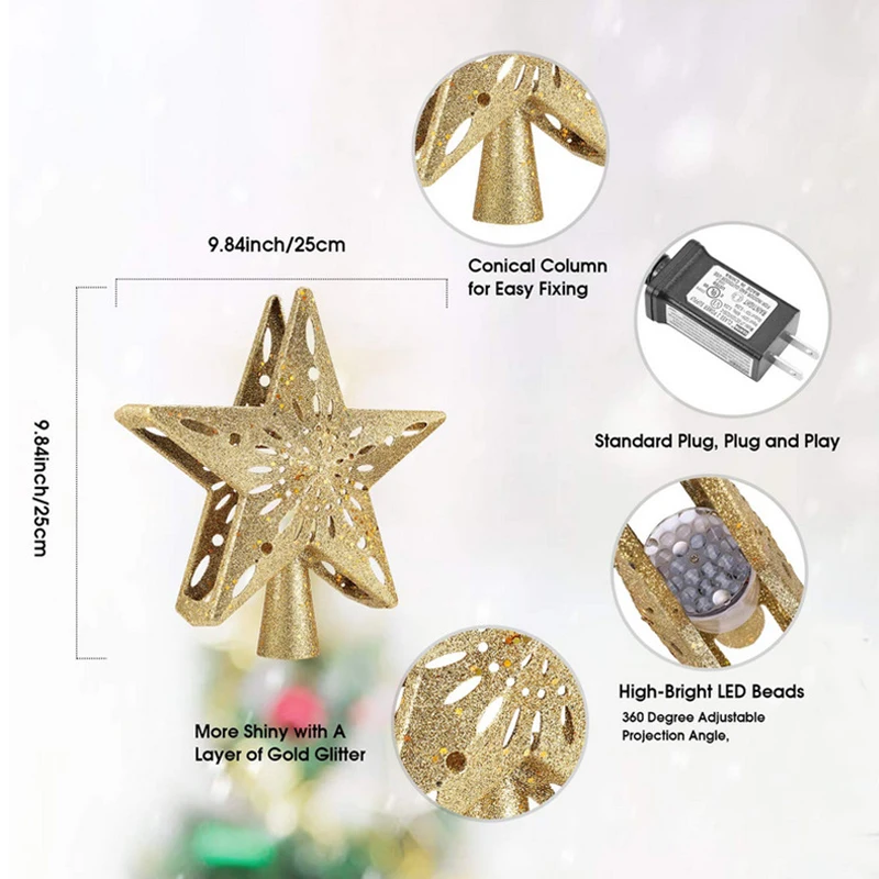 Hot sale 3D Hollow Gold/Sliver Star Topper Projection Light with Built-in Rotating LED Ball for Christmas Tree Decoration 
Hot sale 3D Hollow Gold/Sliver Star Topper Projection Light with Built-in Rotating LED Ball for Christmas Tree Decoration