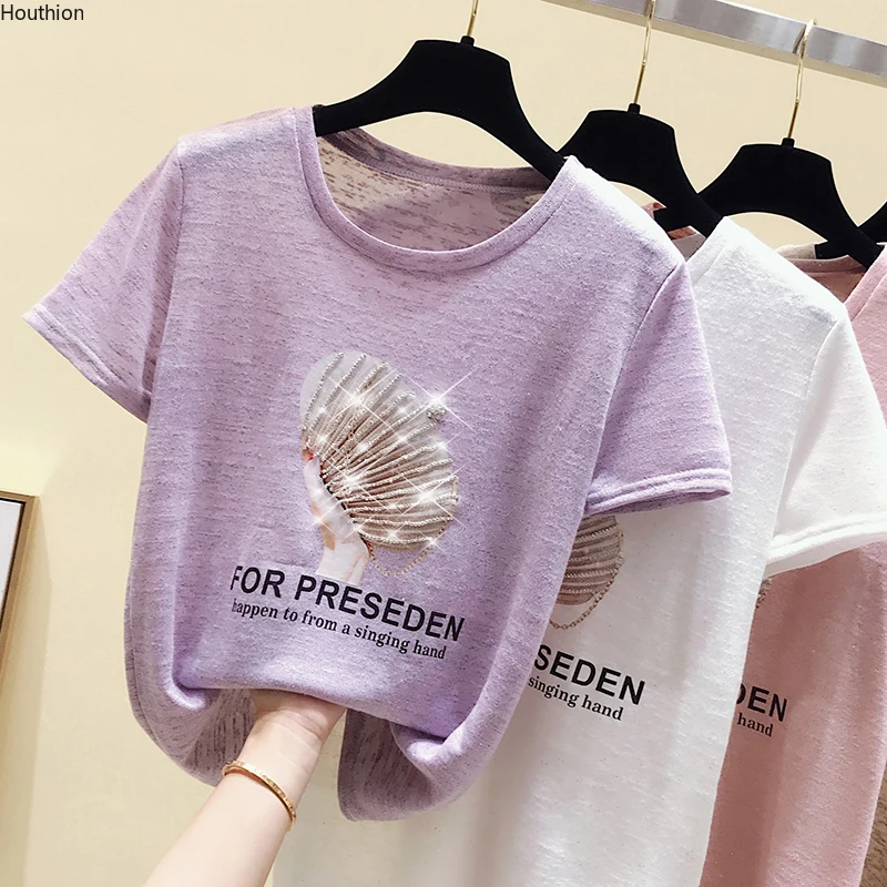 Houthion Women's T-shirt O-neck Short Sleeve Top Summer New Fashion Simplicity Casual Loose All-match Hot Diamond Printing
Houthion Women's T-shirt O-neck Short Sleeve Top Summer New Fashion Simplicity Casual Loose All-match Hot Diamond Printing