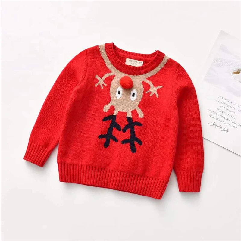 Фото Рождественский свитер для малышей вязаный пуловер с длинным рукавом и круглым