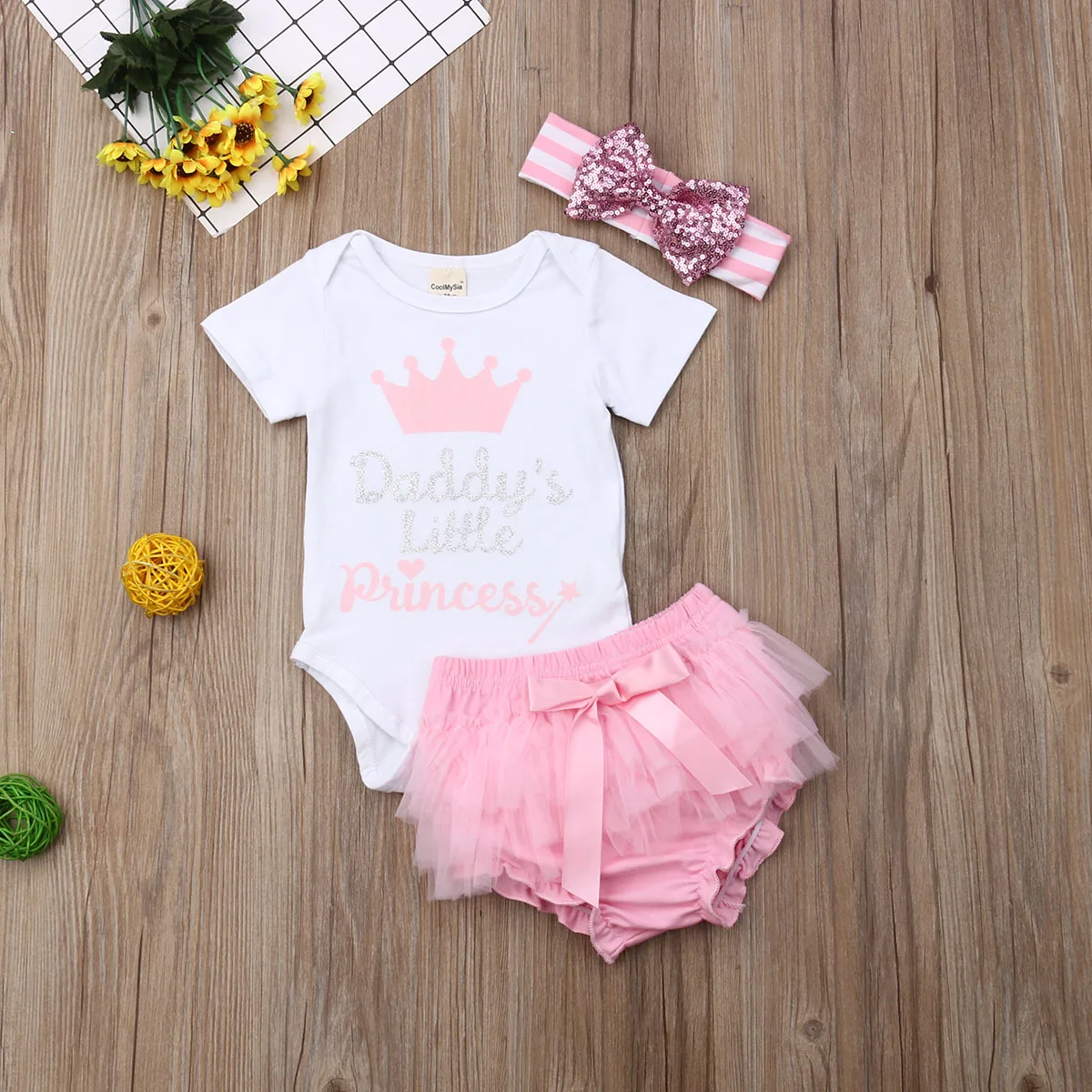 

0-24M Infant Clothes Baby Girl Daddy's Little Princess Short Sleeve T-Shirts Romper +Tutu Shorts Kid Outfit Girls 3PCS Set