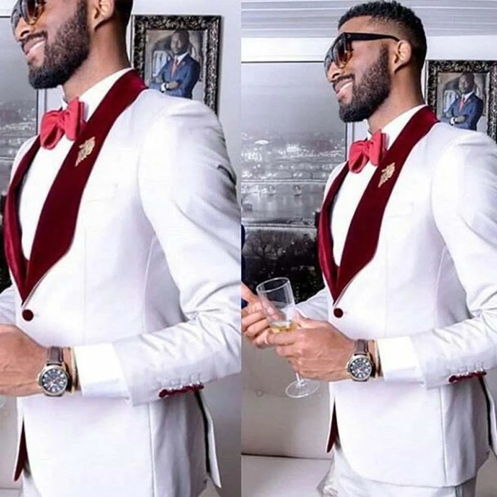 White Slim Fit Wedding Tuxedos One Button Burgundy Lapel Two Pieces Groomsmen Suit Set Custom Made Jacket and Pants
White Slim Fit Wedding Tuxedos One Button Burgundy Lapel Two Pieces Groomsmen Suit Set Custom Made Jacket and Pants
