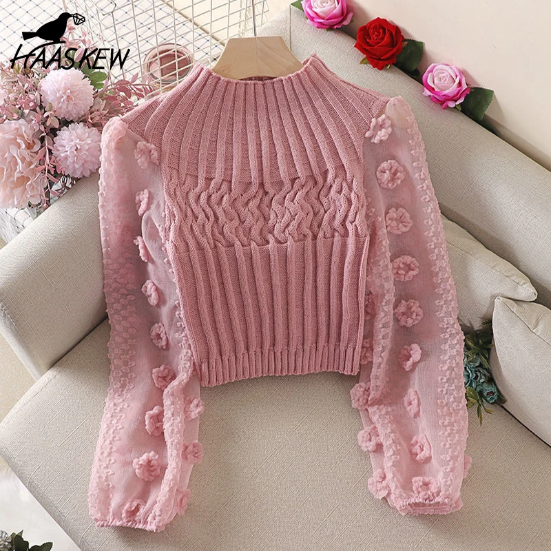 HAASKEW 2021 New Women Fashion Appliques Chiffon Lantern Sleeve Patchwork Short Knitting Sweater Ladies Chic Pullovers Tops
HAASKEW 2021 New Women Fashion Appliques Chiffon Lantern Sleeve Patchwork Short Knitting Sweater Ladies Chic Pullovers Tops