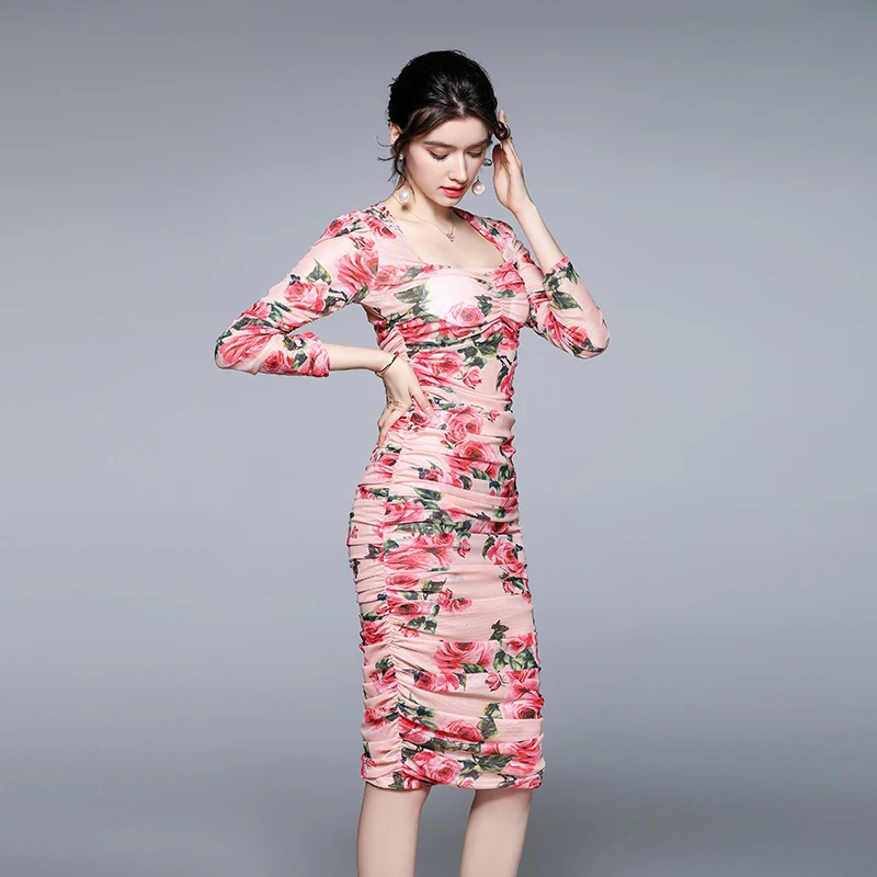 Runway Summer Mesh Ruched Strentch Rose Flower Sheath Dress Fashion Women Square Collar Pink Floral Printed Midi Bodycon Dresses
Runway Summer Mesh Ruched Strentch Rose Flower Sheath Dress Fashion Women Square Collar Pink Floral Printed Midi Bodycon Dresses