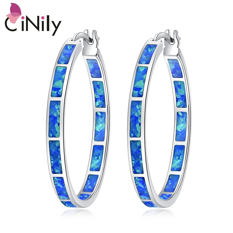 

CiNily Blue Green Fire Opal Stone Hoop Earrings Silver Plated Rose Gold Color Big Round Circle Hip Hop Punk Party Jewelry Woman