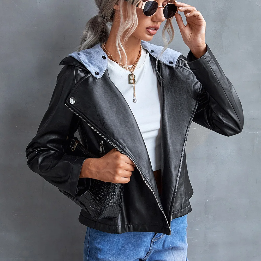 Women's motorcycle leather hooded detachable side zipper casual PU jacket jacket
Women's motorcycle leather hooded detachable side zipper casual PU jacket jacket