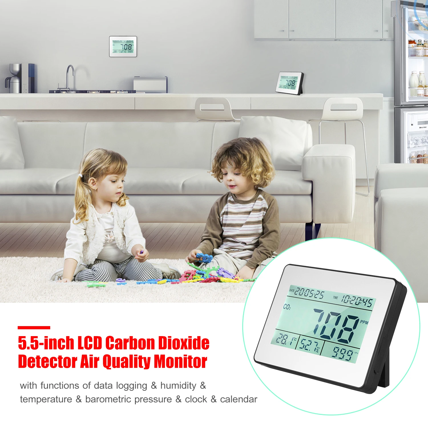 Carbon Dioxide Detector Air Quality Monitor Meter with Data Logging Clock Function 5.5inch Large LCD Wall Mountable CO2 Detector
Carbon Dioxide Detector Air Quality Monitor Meter with Data Logging Clock Function 5.5inch Large LCD Wall Mountable CO2 Detector