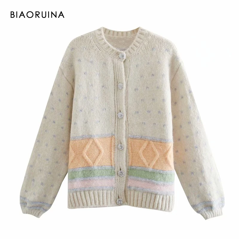 BIAORUINA Women's Chic Rhinestone Single Breasted Colorful Striped Loose Fashion Knitted Cardigan Sweet Sweater Dropshipping
BIAORUINA Women's Chic Rhinestone Single Breasted Colorful Striped Loose Fashion Knitted Cardigan Sweet Sweater Dropshipping