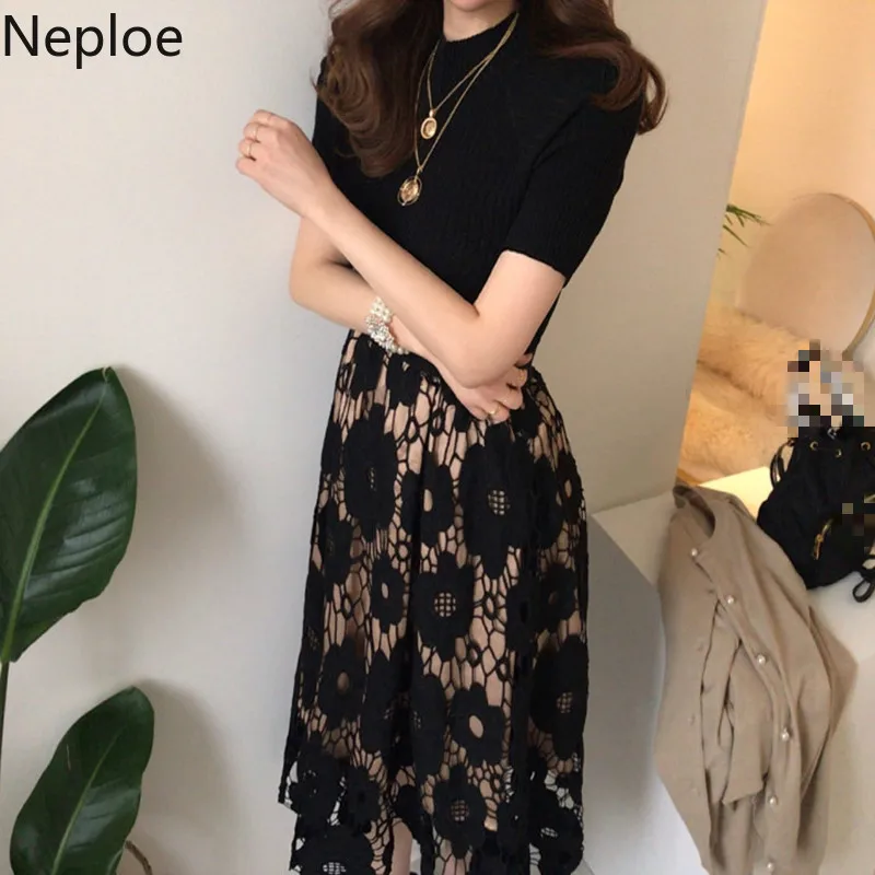 Neploe Korean Retro 2 Pcs Women Set O Neck Knit Pit Skinny Top + High Waist Hip Lace Hook Flower Skirt Summer Holiday Suit 49490 | Женская