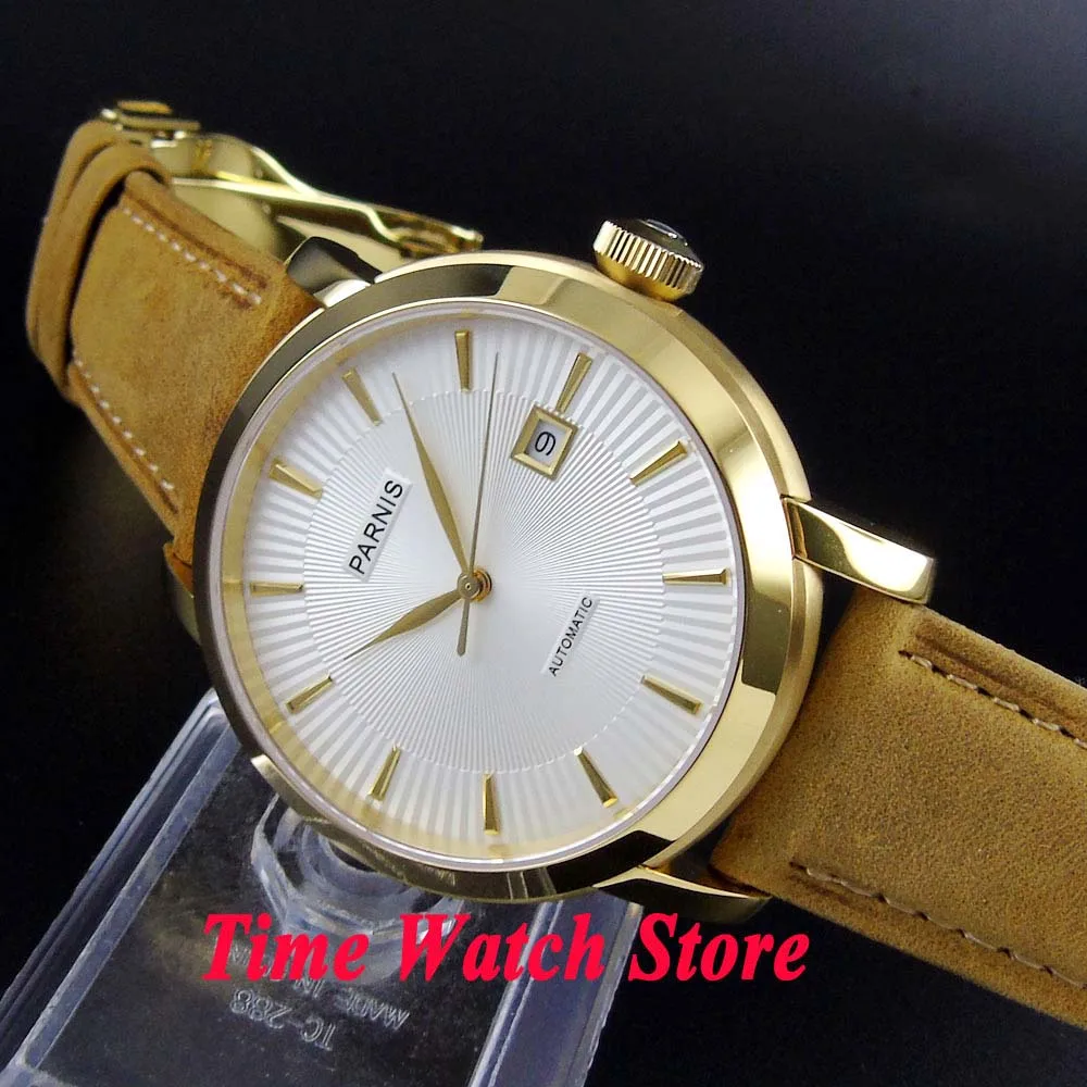 Parnis 41mm 5ATM 21 jewels Miyota gold polished Automatic wrist watch men sapphire glass white dial golden marks Gold case
Parnis 41mm 5ATM 21 jewels Miyota gold polished Automatic wrist watch men sapphire glass white dial golden marks Gold case