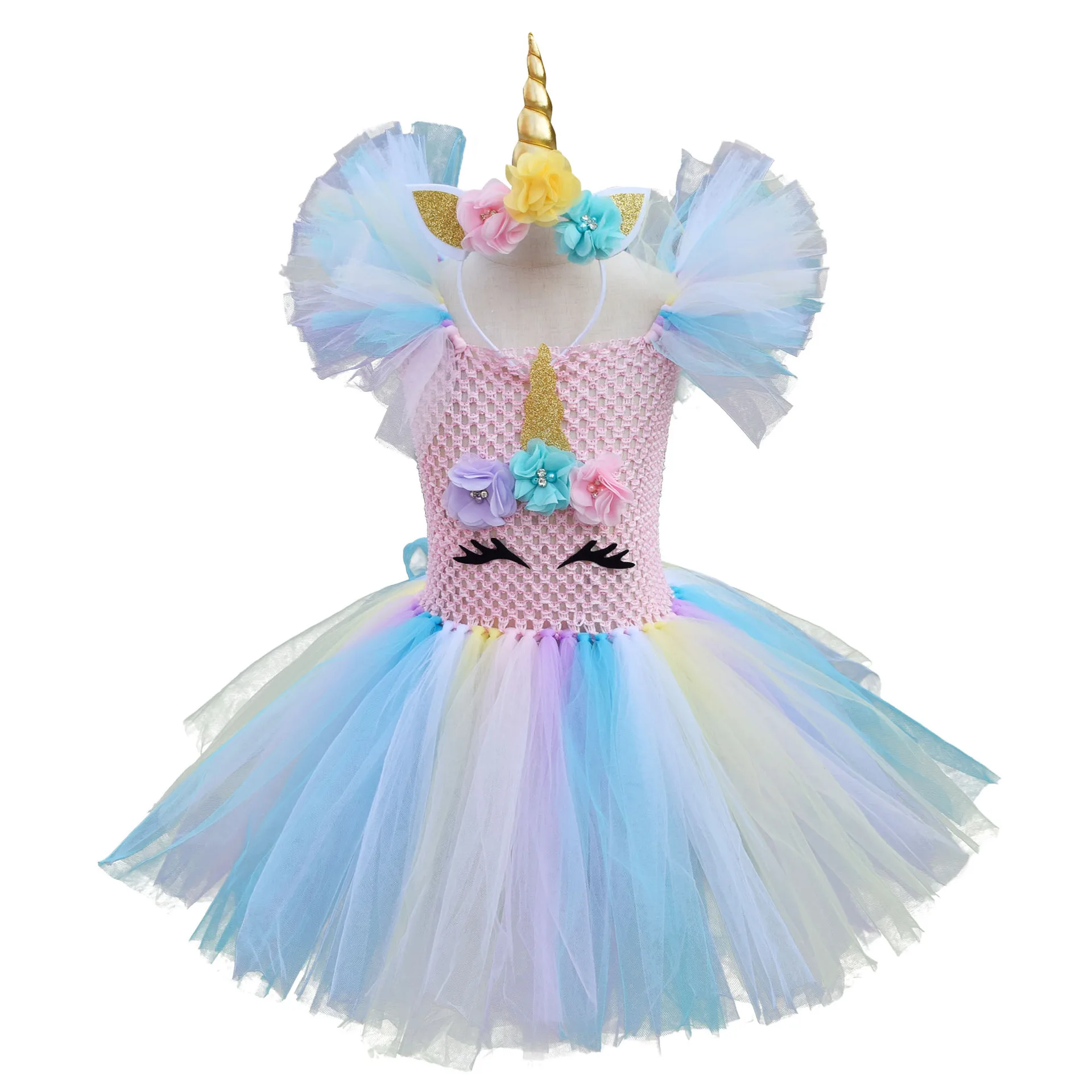 

Pastel Unicorn Dress for Girls Flower Princess TuTu Dresses Kids Halloween Costume Child Cosplay Fancy Dress with Wings 1-12Y