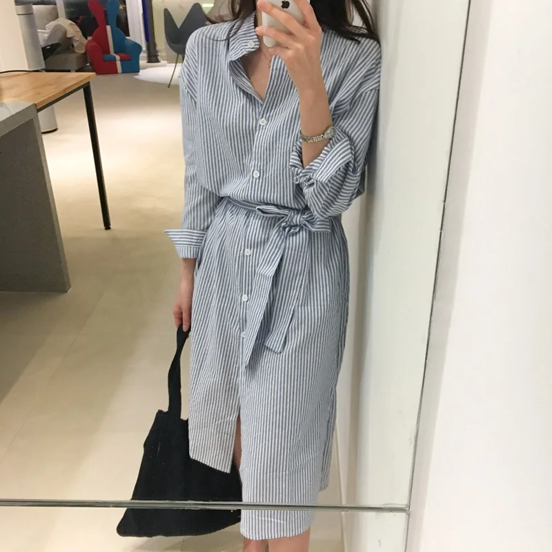 2019 Women Dresses Spring Autumn Elegant Casual Striped Shirt Dress Cotton and Linen Lace Up Single Breated Elegant Loose Dress
2019 Women Dresses Spring Autumn Elegant Casual Striped Shirt Dress Cotton and Linen Lace Up Single Breated Elegant Loose Dress
