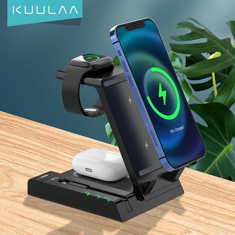 

KUULAA 15W Qi Wireless Charger Stand For iPhone 13 For Apple Watch 6 in 1 Foldable Charging Dock Station For Airpods Pro iWatch