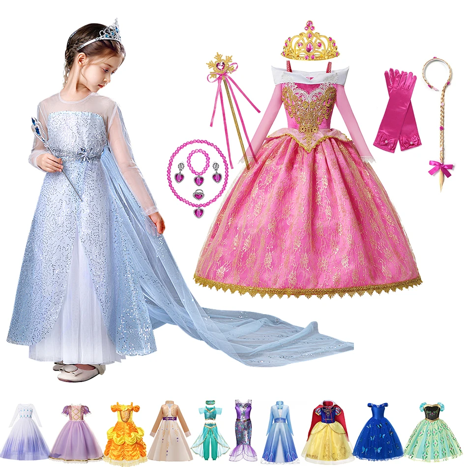 

Disney Princess Costume For Girl Frozen Anna Elsa Aurora Cosplay Fancy Dress Cinderella Belle Snow White Halloween Party Clothes