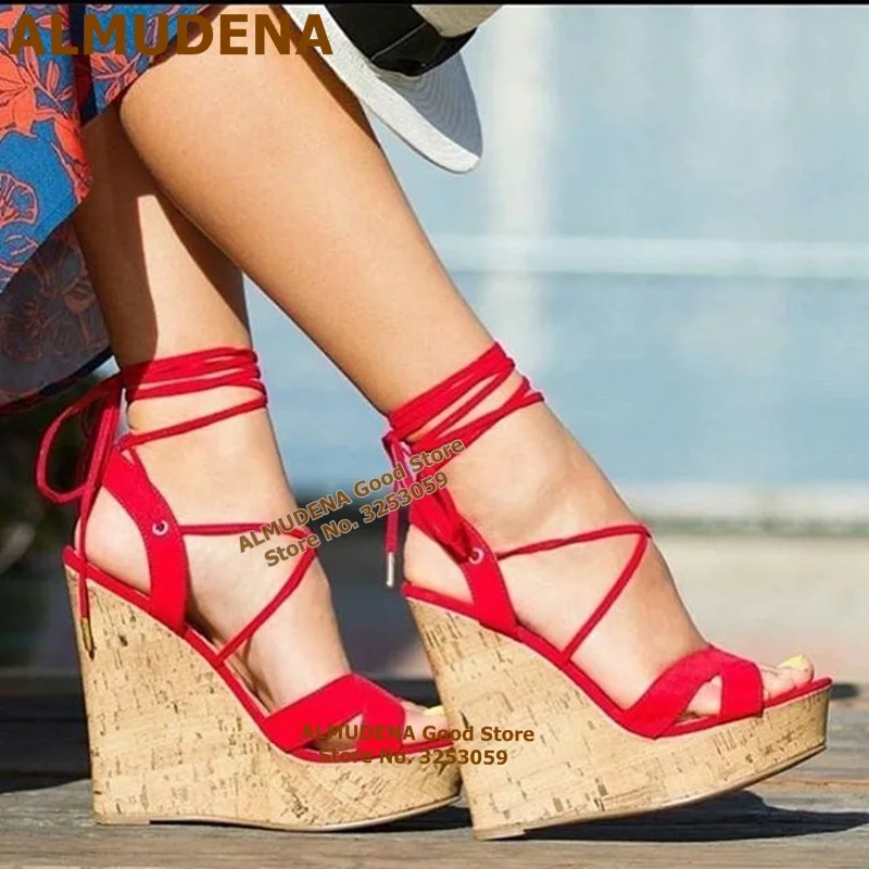 

ALMUDENA Wooden Wdge Heels Sandals Red Suede Lace-up Cage Shoes Platform Cross Strappy Wedding Shoes Dress Pumps Dropship Size47