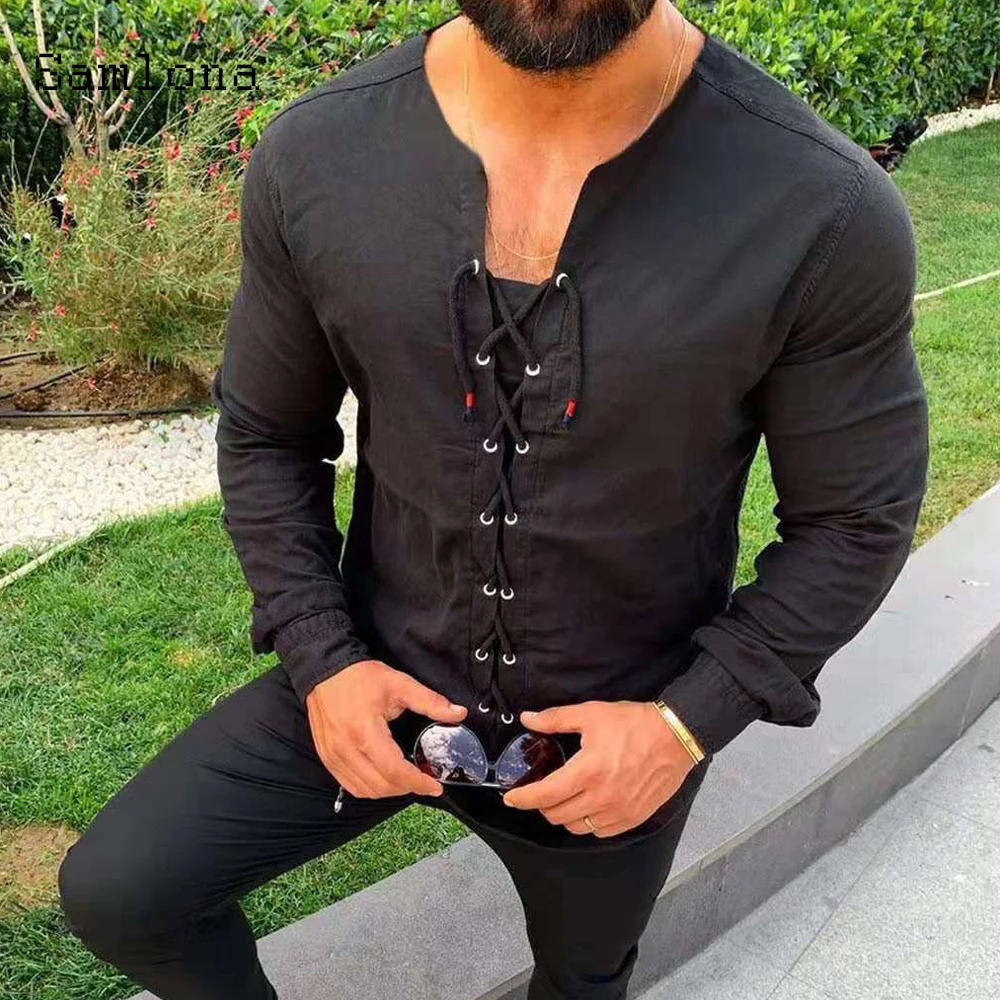 Solid Color Fashion Shirt Long Sleeve Blouses Men clothing Summer Casual Top Pullovers Collarless White Bandage blusas shirt Man
Solid Color Fashion Shirt Long Sleeve Blouses Men clothing Summer Casual Top Pullovers Collarless White Bandage blusas shirt Man