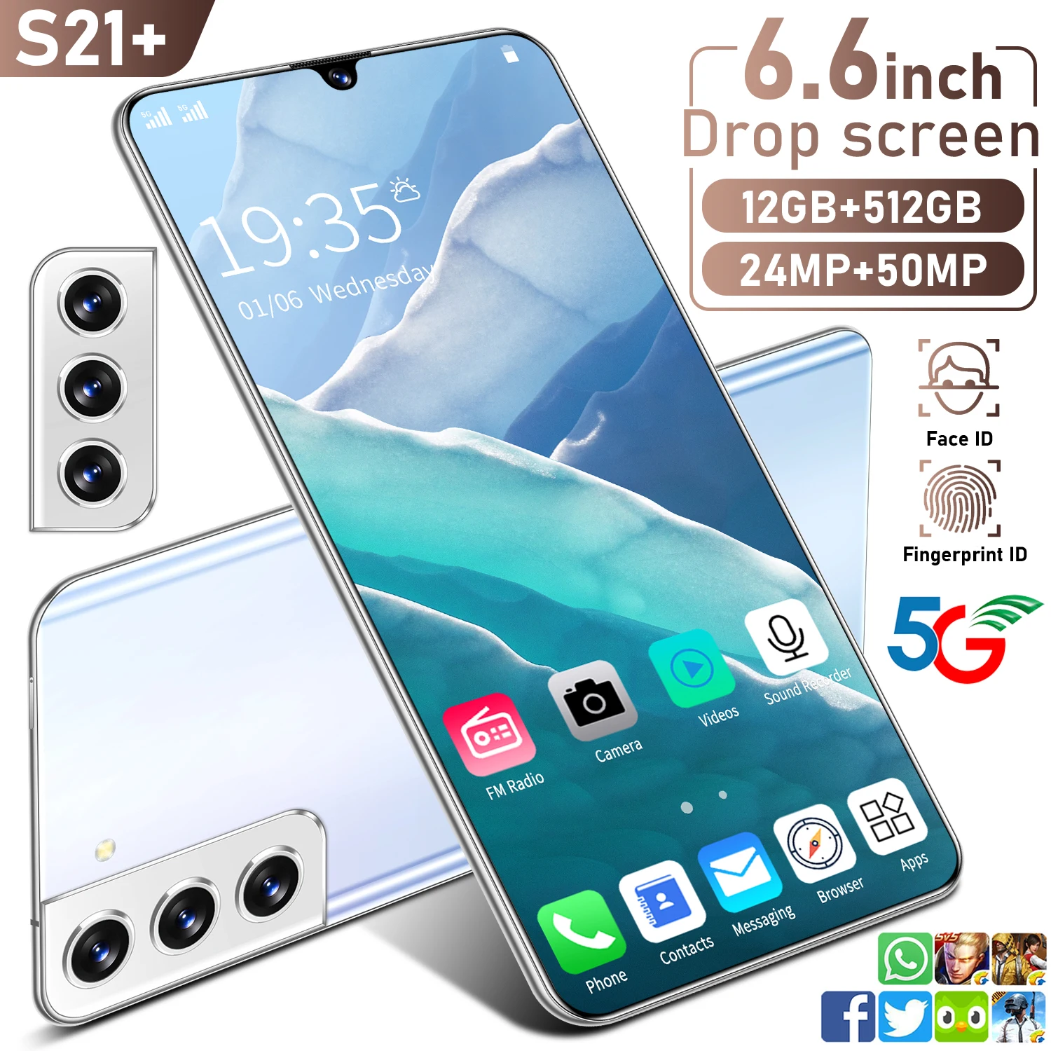 2021New Global Version S21+ Smartphone 6000mAh 12+512G 6.6Inch Dual SIM Dual Standby HD Full Screen Support Face ID 5G CellPhone
2021New Global Version S21+ Smartphone 6000mAh 12+512G 6.6Inch Dual SIM Dual Standby HD Full Screen Support Face ID 5G CellPhone