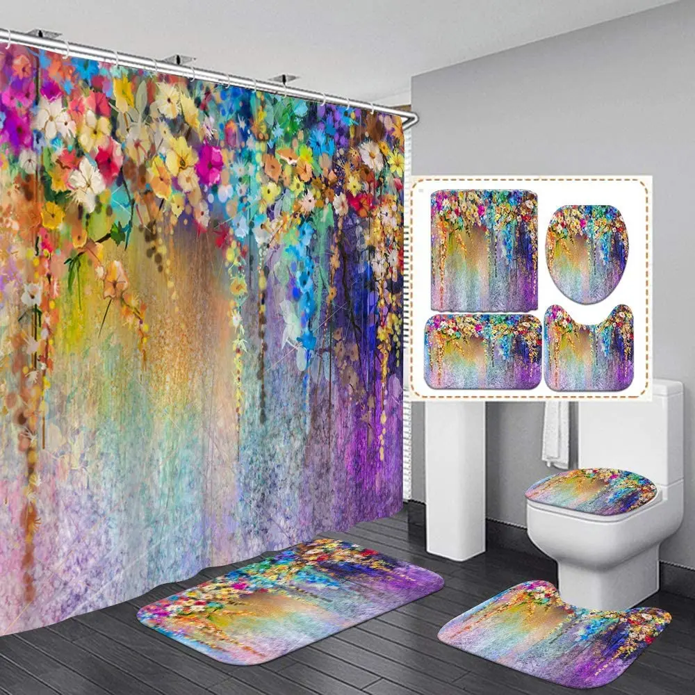 Colorful Weeping Flowers Shower Curtain Sets With Non-Slip Rugs Toilet Lid Cover And Bath Mat Floral Shower Curtains
Colorful Weeping Flowers Shower Curtain Sets With Non-Slip Rugs Toilet Lid Cover And Bath Mat Floral Shower Curtains