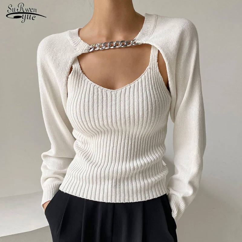 Spring Sexy Knitted Vest Shawl Smock Korean Fashion Chic U Neck Backless Sweater Women Chain Long Sleeve Suit White Top 18390
Spring Sexy Knitted Vest Shawl Smock Korean Fashion Chic U Neck Backless Sweater Women Chain Long Sleeve Suit White Top 18390