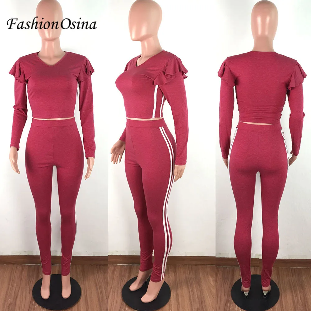 Striped Patchwork Casual Fitness Sweat Suits Women 2 Piece Set Ruffles Long Sleeve Crop Top And Leggings Set Sportwear Tracksuit
Striped Patchwork Casual Fitness Sweat Suits Women 2 Piece Set Ruffles Long Sleeve Crop Top And Leggings Set Sportwear Tracksuit