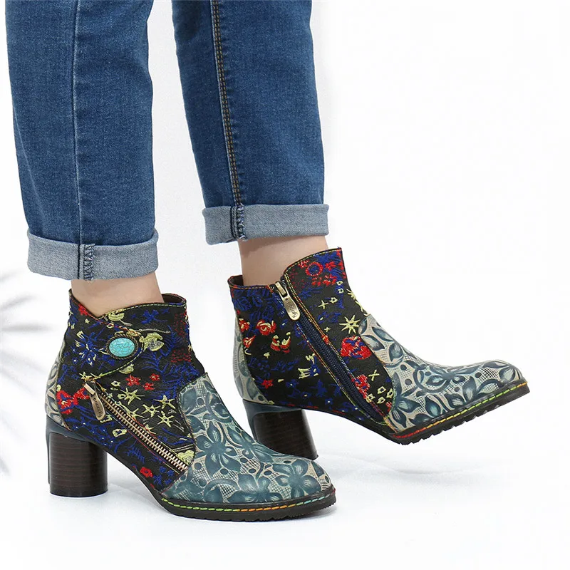 SOCOFY Women Vintage Style Ankle Boots Round Toe Flat Heel Boots Leather Boots Ladies Floral Print Short Boots Botas Mujer 2020 
SOCOFY Women Vintage Style Ankle Boots Round Toe Flat Heel Boots Leather Boots Ladies Floral Print Short Boots Botas Mujer 2020