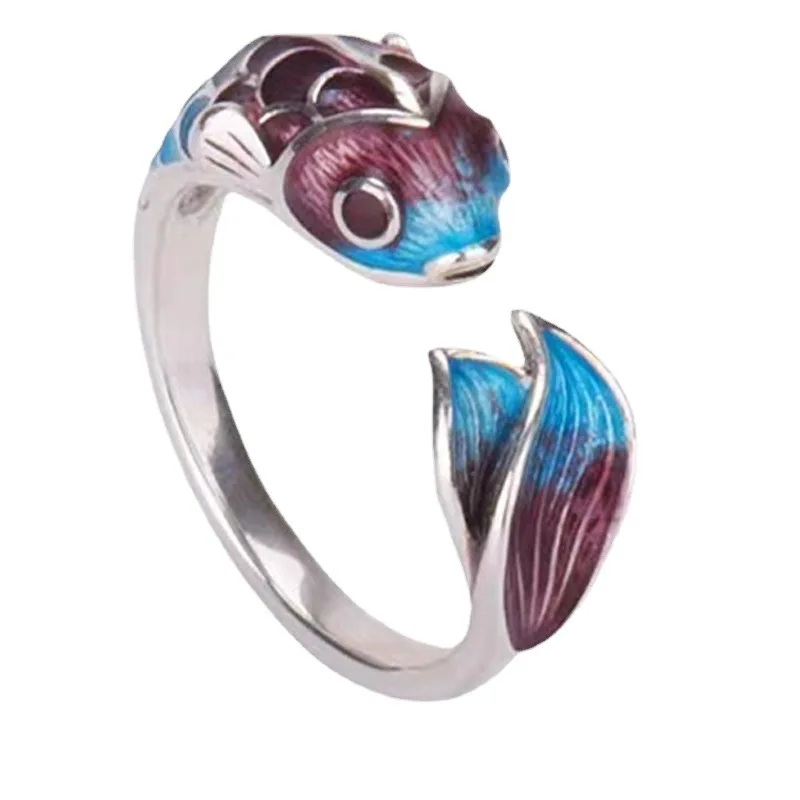 

Colored Drip Glaze Carp Fish ring Good Luck Original Silver Female Resizable Opening Rings for Women