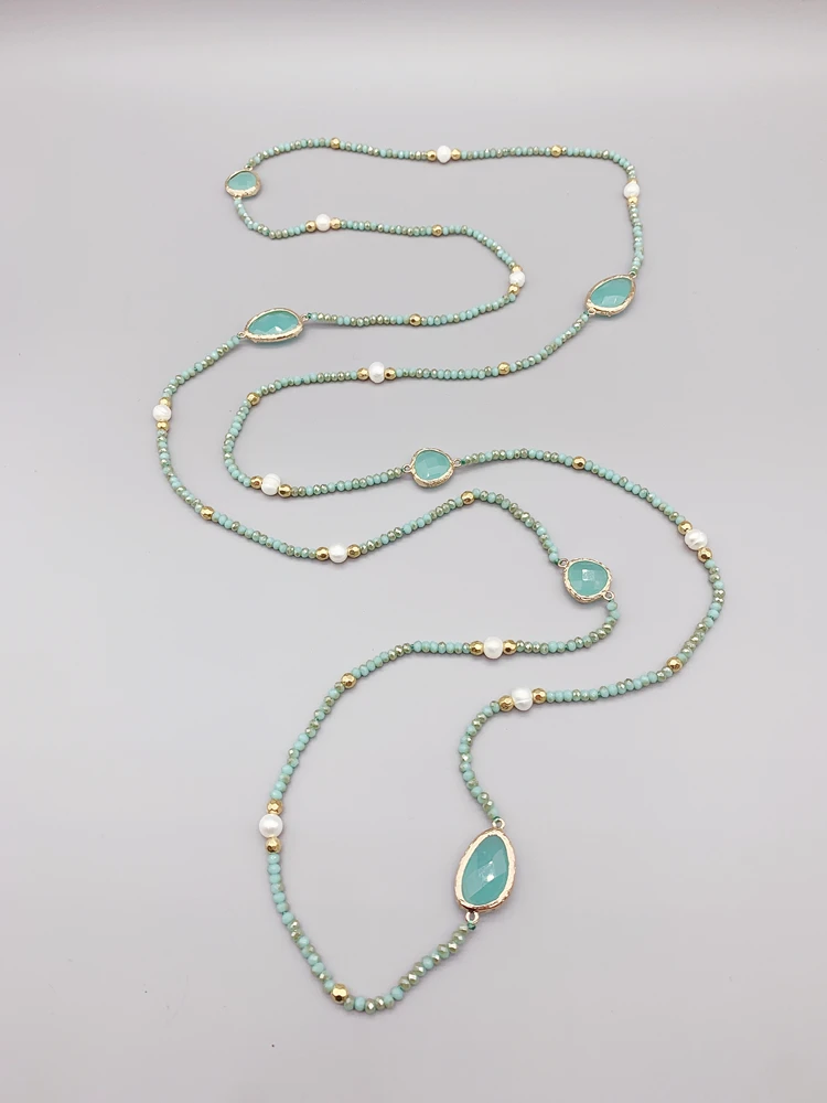 Faceted Cut Irregular Aqua Quartz Long Necklace With 5-6mm White Freshwater Pearls 2mm Crystals And Hammered Gold Beads 50 Inch
Faceted Cut Irregular Aqua Quartz Long Necklace With 5-6mm White Freshwater Pearls 2mm Crystals And Hammered Gold Beads 50 Inch