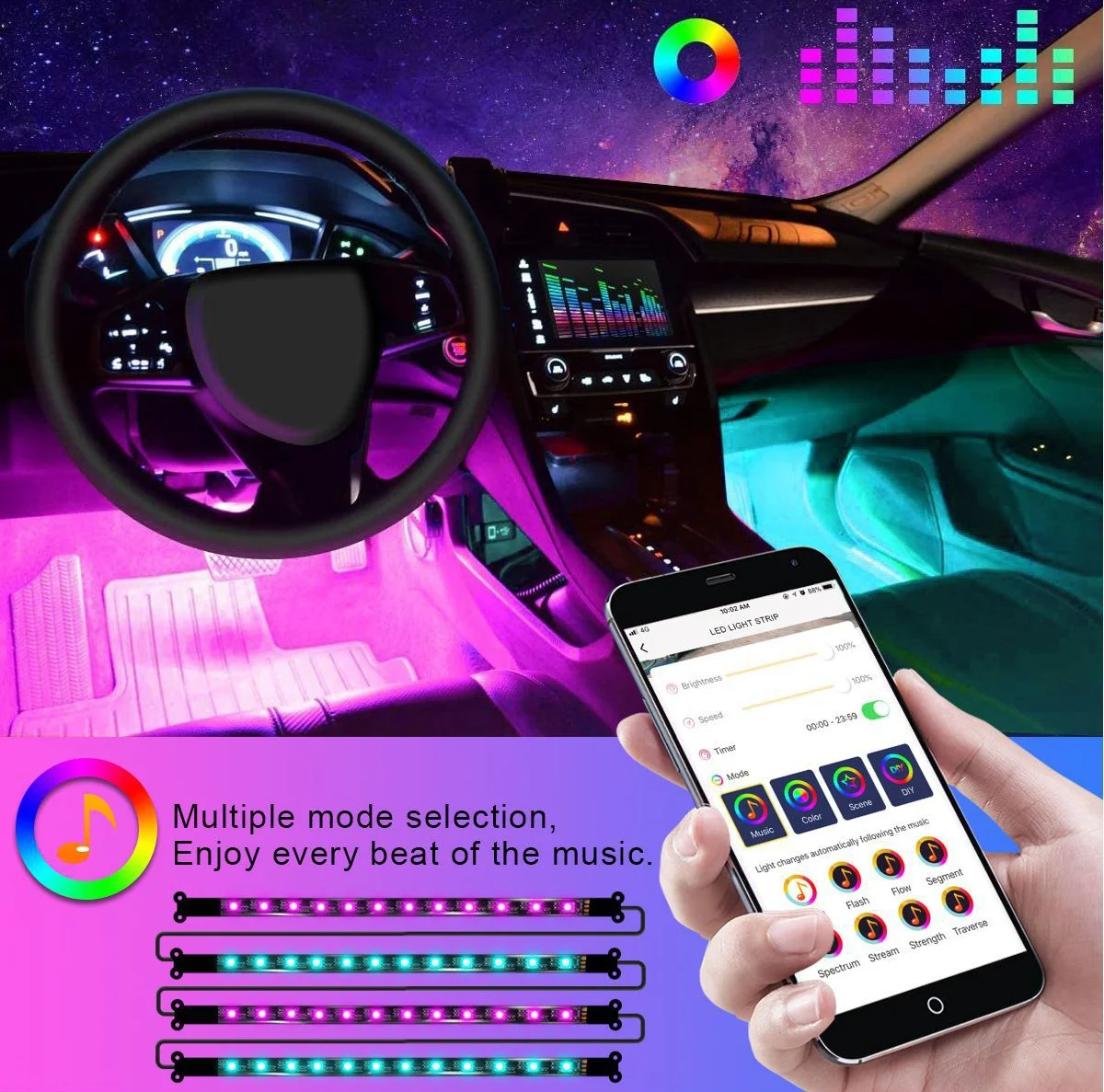 Multiple Modes LED Car Strip Foot Light Ambient Atmosphere USB Backlight App Bluetooth Control RGB Auto Interior Decorative Lamp
Multiple Modes LED Car Strip Foot Light Ambient Atmosphere USB Backlight App Bluetooth Control RGB Auto Interior Decorative Lamp