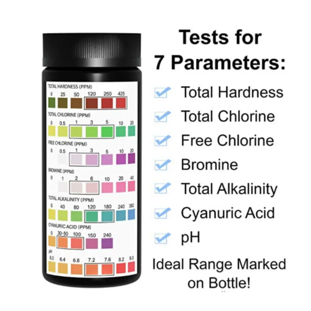 Swimming Pool PH Test Paper Residual Chlorine 100pcs 7-In-1 PH Value Alkalinity Hardness Test Strip PH Tester Pool Cleaner tool
Swimming Pool PH Test Paper Residual Chlorine 100pcs 7-In-1 PH Value Alkalinity Hardness Test Strip PH Tester Pool Cleaner tool