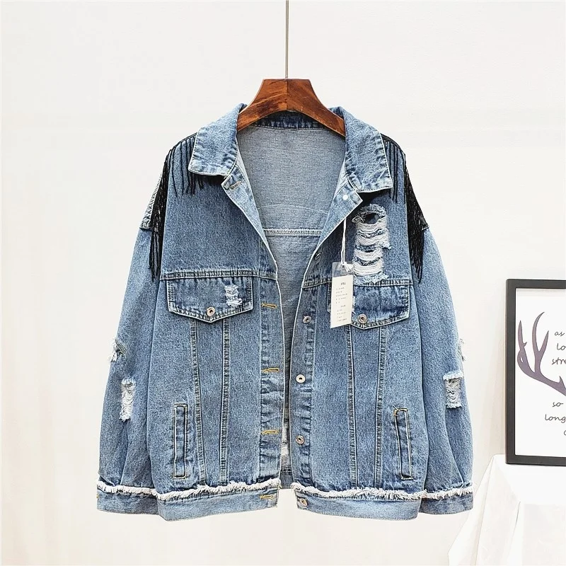 2021 Autumn Women Denim Jacket Punk Hole Ripped Beading Tassel Sequins Graphic Jean Jackets Casual Short Coat Female Outerwear
2021 Autumn Women Denim Jacket Punk Hole Ripped Beading Tassel Sequins Graphic Jean Jackets Casual Short Coat Female Outerwear