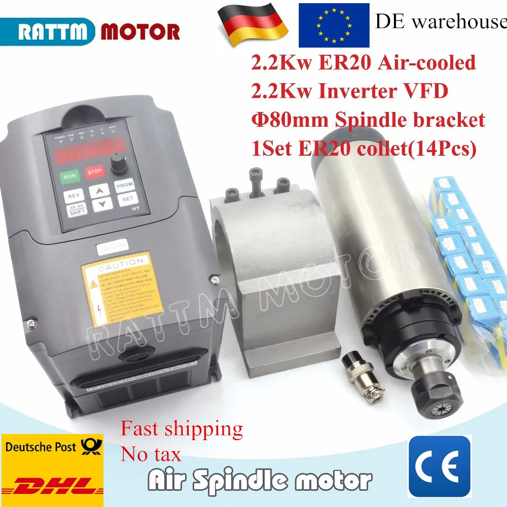 2200W / 2.2KW 400HZ 24000RPM air cooled cnc spindle motor + VFD inverter + 1set ER20 collet for CNC milling machine
2200W / 2.2KW 400HZ 24000RPM air cooled cnc spindle motor + VFD inverter + 1set ER20 collet for CNC milling machine