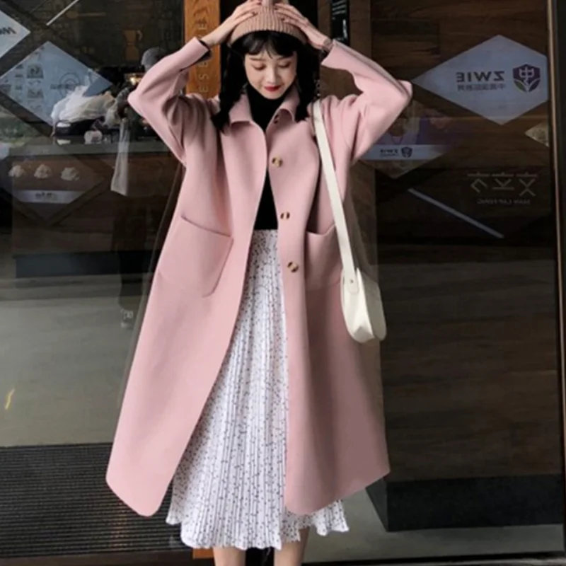 Wool Coat Women 2021 New Korean Fashion Commute Elegant Temperament Solid Lapel Single-breasted Loose Long Woolen Coats Jacket
Wool Coat Women 2021 New Korean Fashion Commute Elegant Temperament Solid Lapel Single-breasted Loose Long Woolen Coats Jacket