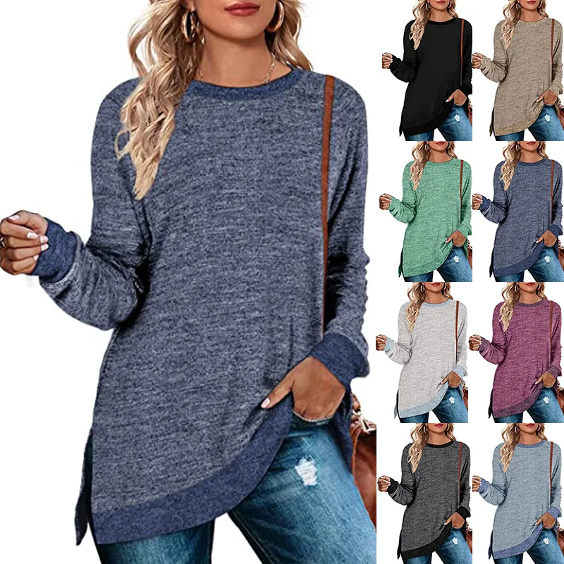 Long sleeve round neck color contrast split top loose casual Pullover T-shirt long casual characteristic popular sweater winter
Long sleeve round neck color contrast split top loose casual Pullover T-shirt long casual characteristic popular sweater winter