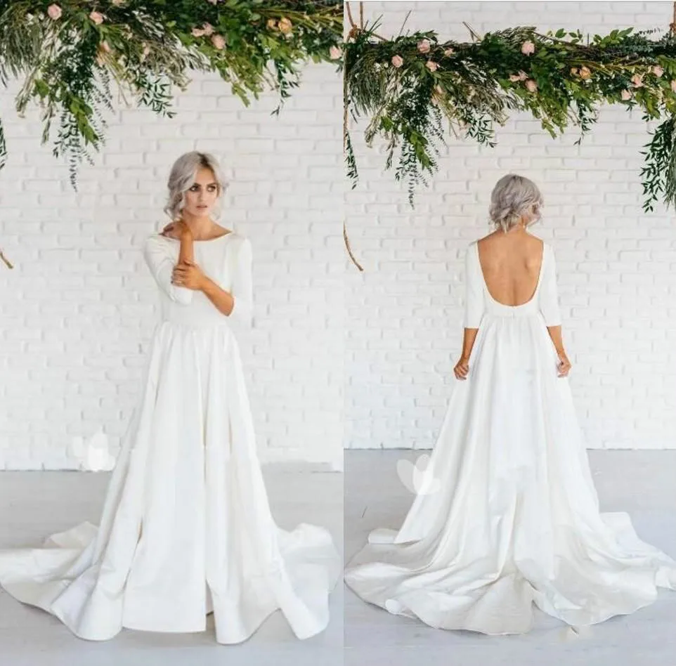 Cheap Simple Boho A Line Wedding Dresses Scoop Neck Backless 3/4 Long Sleeve Satin Beach Wedding Dress Bridal Gowns Vestios De
Cheap Simple Boho A Line Wedding Dresses Scoop Neck Backless 3/4 Long Sleeve Satin Beach Wedding Dress Bridal Gowns Vestios De