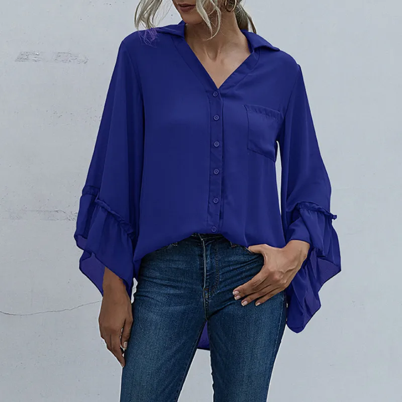 Chiffon Shirt 2020 Women Solid Color Tops Fashion Office Autumn Irregular Blouse Casual Flare Sleeve Lotus Shirt Blusas Mujer
Chiffon Shirt 2020 Women Solid Color Tops Fashion Office Autumn Irregular Blouse Casual Flare Sleeve Lotus Shirt Blusas Mujer