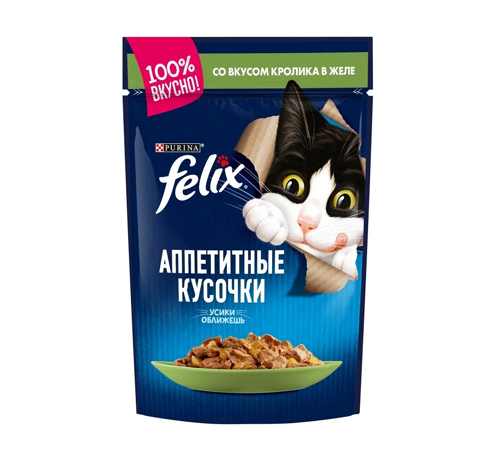 Влажный корм Felix® Аппетитные кусочки для взрослых кошек с кроликом в желе 26 шт х 85