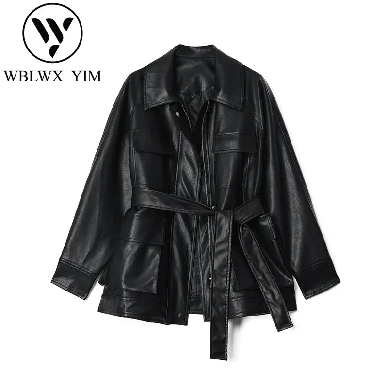 Autumn Women Pu Leather Jacket Woman Fashion Belt Motorcycle Coat Female Black Elegant Loose Faux Leather Jackets Outwear Female 
Autumn Women Pu Leather Jacket Woman Fashion Belt Motorcycle Coat Female Black Elegant Loose Faux Leather Jackets Outwear Female