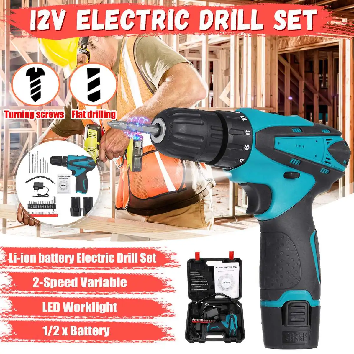 Wolike 12V Cordless Electric Drill Flat Drilling Electric Screwdriver Tools With 34Pcs Accessories&2Pcs Li-on Battery Power Tool 
Wolike 12V Cordless Electric Drill Flat Drilling Electric Screwdriver Tools With 34Pcs Accessories&2Pcs Li-on Battery Power Tool