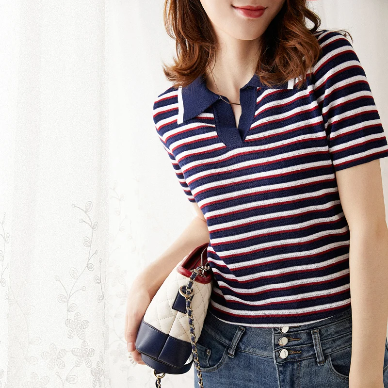 New Navy Stripe Cotton Short Sleeve knitted T shirt women s summer 2021 thin top casual T shirt polo
New Navy Stripe Cotton Short Sleeve knitted T shirt women s summer 2021 thin top casual T shirt polo