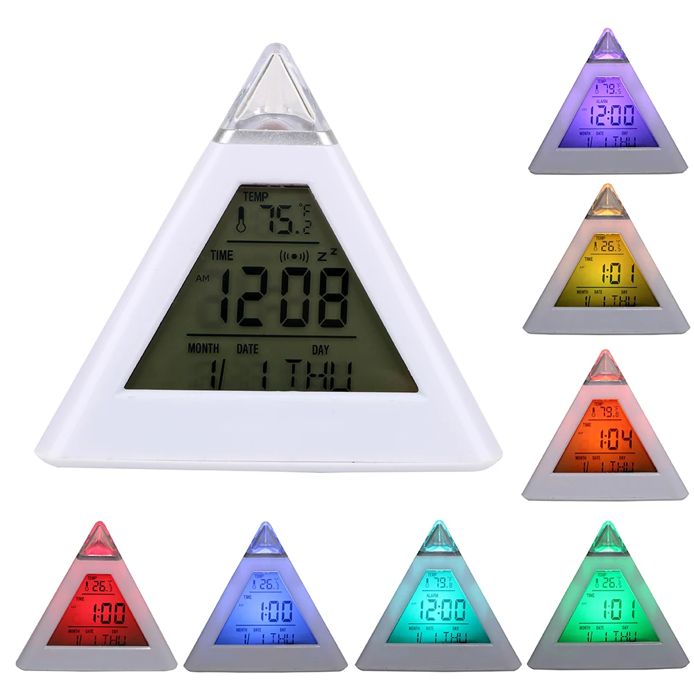 

Colorful Backlight Change Clock Home Decoration Perpetual Calendar Thermometer Digital Alarm Clock Triangle Pyramid