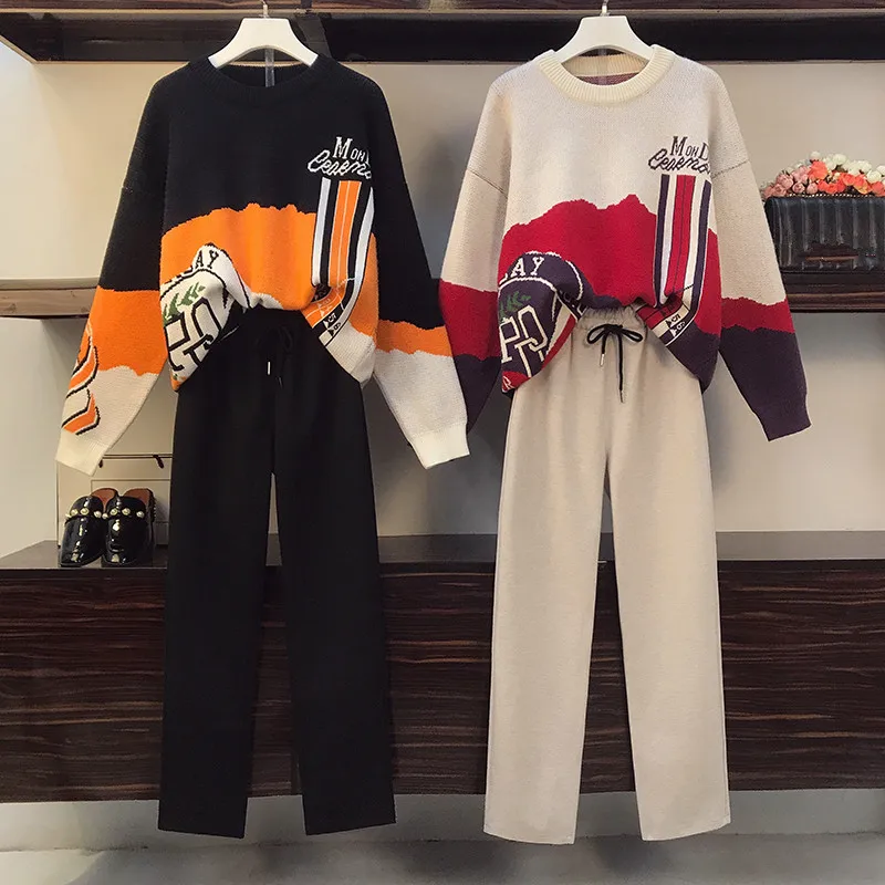 Женский вязаный комплект из двух предметов, свитер с принтом в стиле ретро, шерстяные брюки, свободный наряд, зима 2020 
Женский вязаный комплект из двух предметов, свитер с принтом в стиле ретро, шерстяные брюки, свободный наряд, зима 2020