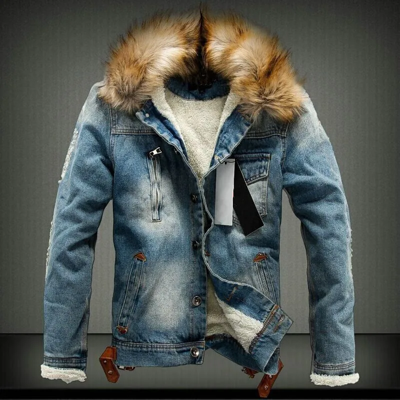 

Retro Ripped Fleece Jeans Jacket and Coat for Autumn Winter S-XXXXL Drop Shipping Mens Denim Jacket with Fur Collar