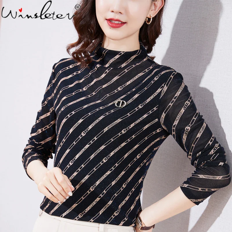 Fall Korean Style Mesh T-Shirt Chic Sexy Print Silver Stripe Middle-aged Women Tops Long Sleeve M-4XL Casual Woman Tees T18918A
Fall Korean Style Mesh T-Shirt Chic Sexy Print Silver Stripe Middle-aged Women Tops Long Sleeve M-4XL Casual Woman Tees T18918A