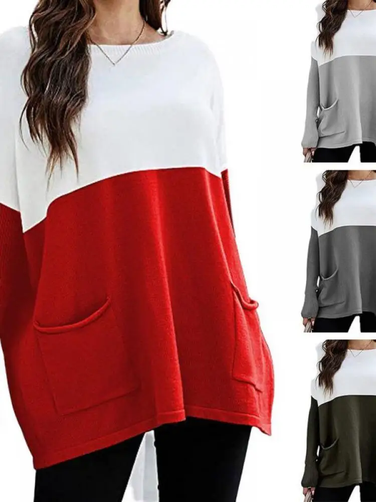 Autumn New Style Ladies Hot Style Cotton Loose Knit Long-Sleeved Round Neck Sweater Color Pocket Pullover Sweater
Autumn New Style Ladies Hot Style Cotton Loose Knit Long-Sleeved Round Neck Sweater Color Pocket Pullover Sweater