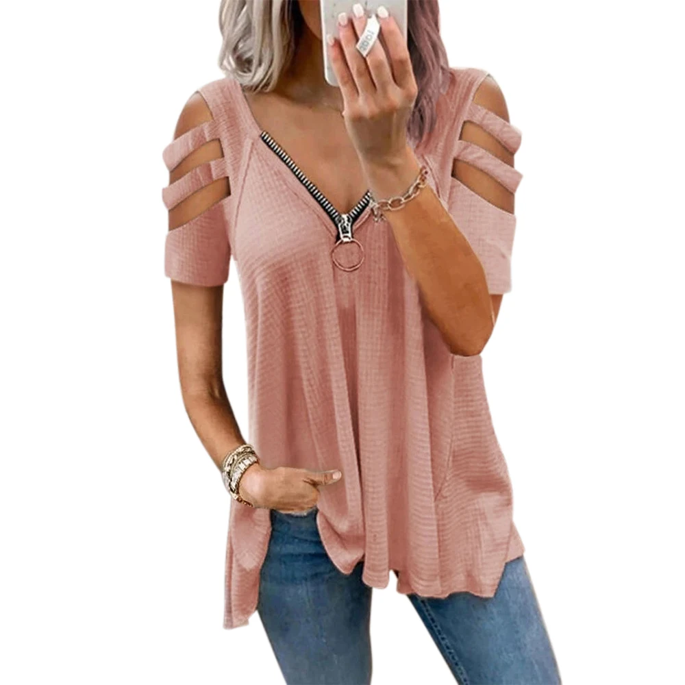 Women Summer Elegant V Neck Zipper Up Short Sleeve Tops Casual Loose Hollow Out Fashion T Shirt 2021 Female Street Wear Tee
Women Summer Elegant V Neck Zipper Up Short Sleeve Tops Casual Loose Hollow Out Fashion T Shirt 2021 Female Street Wear Tee